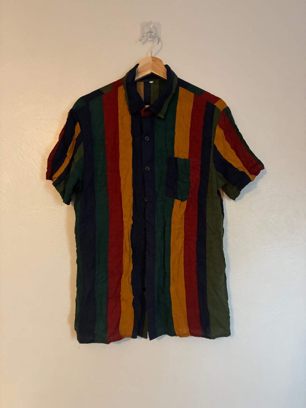 Multicolor Vertical Stripe Short Sleeve Button-Down Shirt Vintage